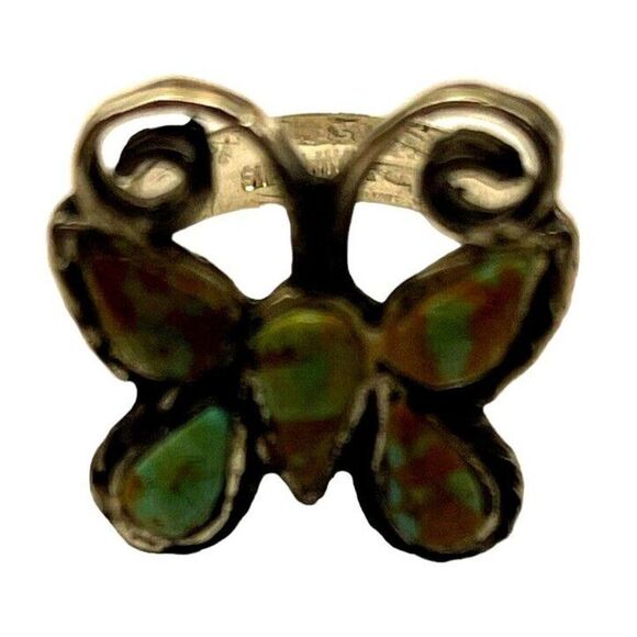 Vintage Navajo Inlaid Turquoise Butterfly Southwestern Sterling Ring Sz 7.5 - Picture 2 of 5